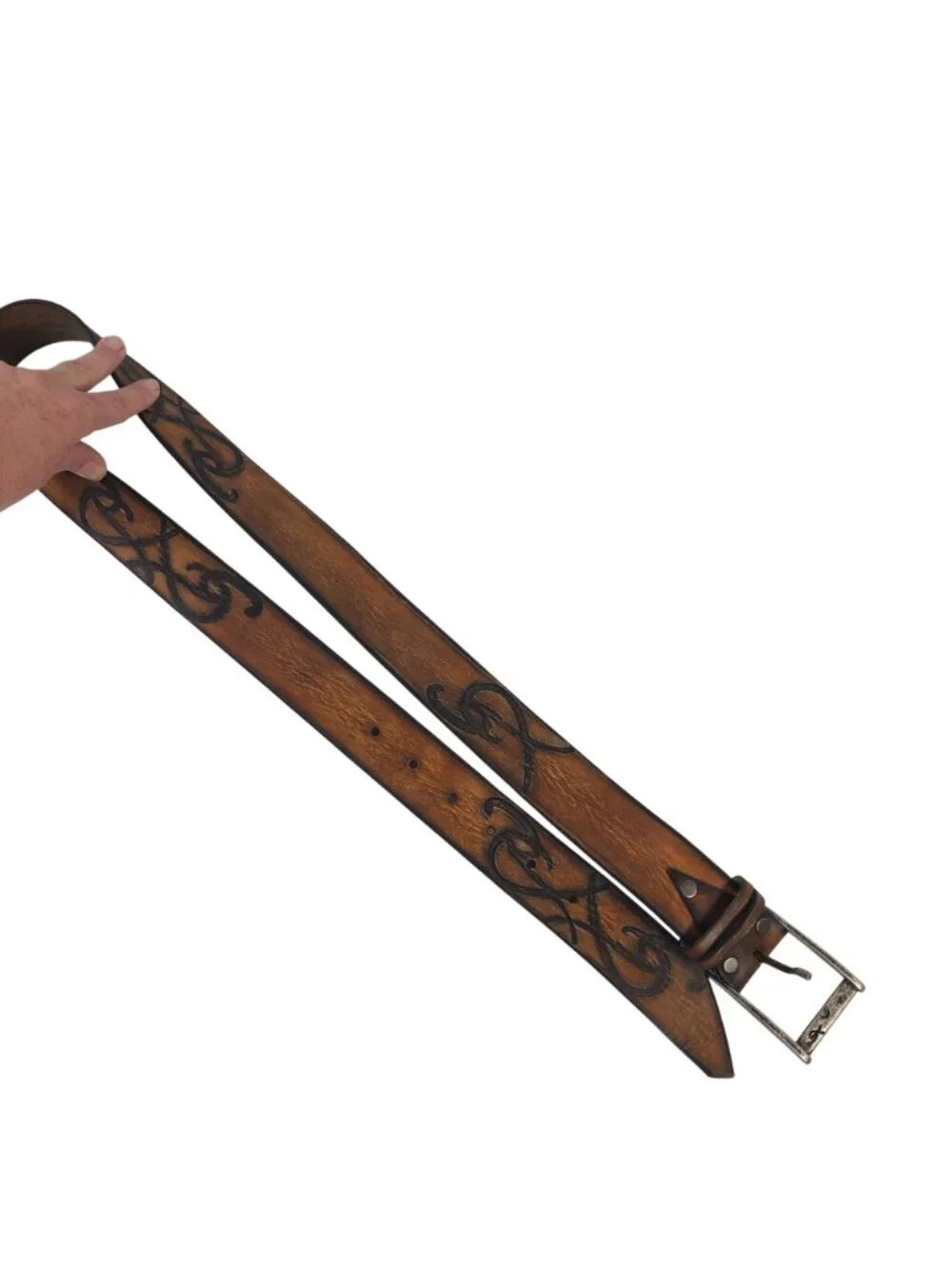 NEW Ishaor Handcrafted Brown Tooled Leather Belt Silver Buckle 1.5